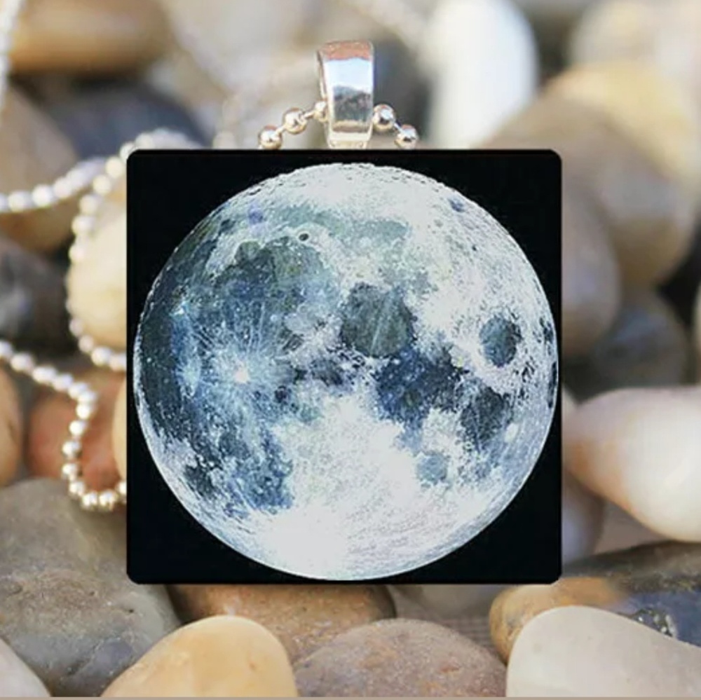 Moon Photo Glass & Silver Tile Necklace
